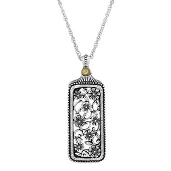 1928 Silver Tone Flower Filigree Mirror Pendant Necklace
