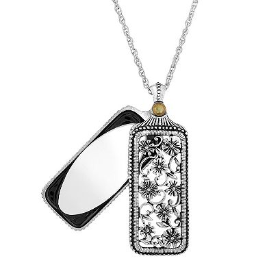 1928 Silver Tone Flower Filigree Mirror Pendant Necklace