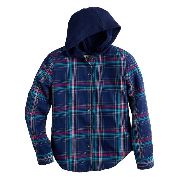 Girls 6 20 SO Boyfriend Flannel Hooded Shirt in Regular Plus Size