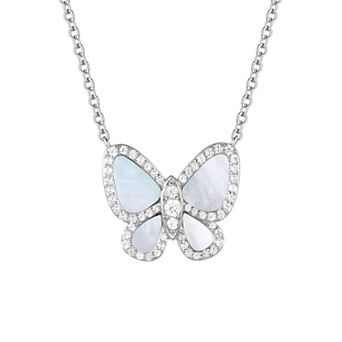 Sterling Silver Mother-Of-Pearl & Lab-Created White Sapphire Butterfly Pendant Necklace