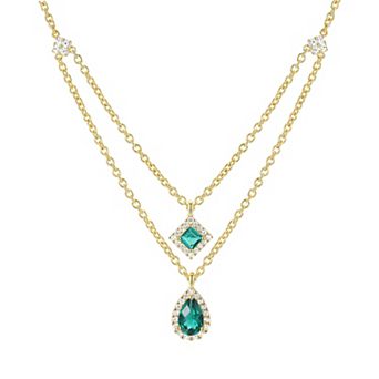 14k Gold Over Silver Lab-Created Emerald & White Sapphire Double Layer Necklace