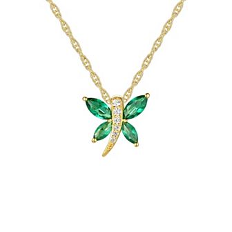 14k Gold Over Silver Lab-Created Emerald & White Sapphire Butterfly Pendant Necklace