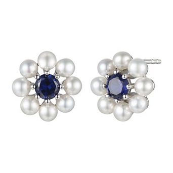 Sterling Silver Freshwater Cultured Pearl & Lab-Created Blue Sapphire Earrings