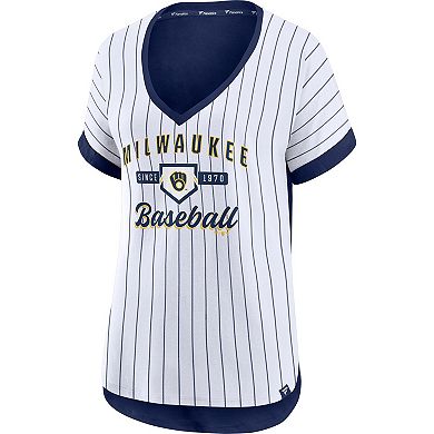 Women's Fanatics Branded White/Navy Milwaukee Brewers Iconic Noise Factor Pinstripe V-Neck T-Shirt