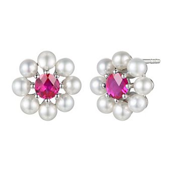 Sterling Silver Freshwater Cultured Pearl & Lab-Created Ruby Stud Earrings