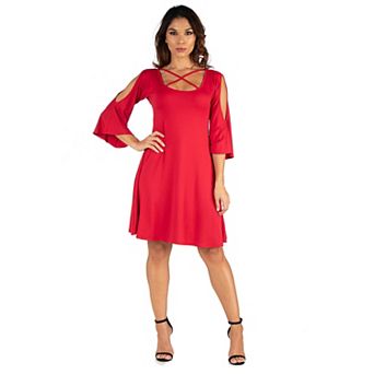 Women's 24seven Comfort Apparel Knee Length Fit & Flare Cold Shoulder Dress