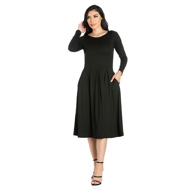 Women s 24Seven Comfort Apparel Long Sleeve Fit Flare Dress with Pockets