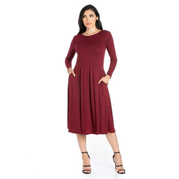 24seven Comfort Apparel Plus Size Long Sleeve Pleat Midi Pocket