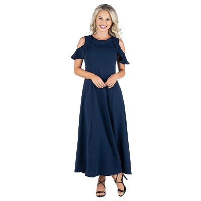 Women's 24seven Comfort Apparel Ruffled Cold Shoulder A-Line Maxi Dress, Size: XL, Blue