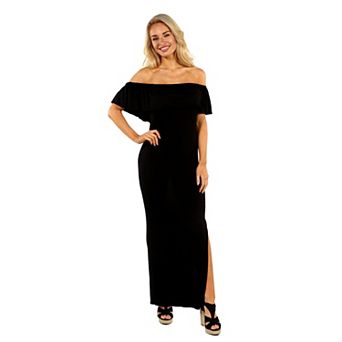 Women's 24seven Comfort Apparel Off-The-Shoulder Ruffled Side Slit Maxi Dress