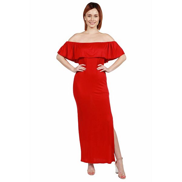 Women's 24seven Comfort Apparel Off-The-Shoulder Ruffled Side Slit Maxi  Dress