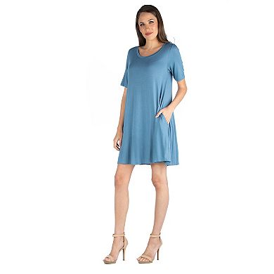 Women's 24seven Comfort Apparel Roundneck Flared Shirtdress with Pockets