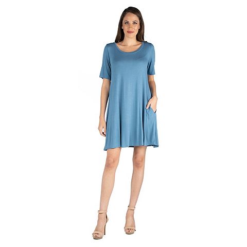 Женские платья 24seven Women's 24seven Comfort Apparel Roundneck Flared Shirtdress with Pockets