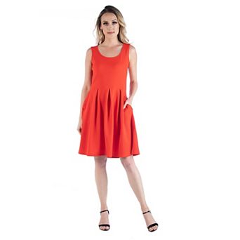 Women's 24seven Comfort Apparel Scoopneck Sleeveless Pleated Skater Dress with Pockets