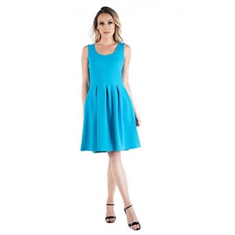 Women's 24seven Comfort Apparel Scoopneck Sleeveless Pleated Skater Dress with Pockets