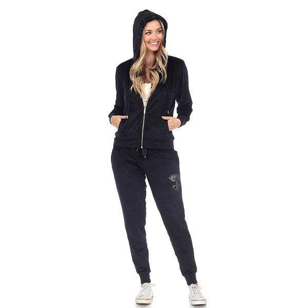 Women's White Mark Rhinestone 2Piece Velour Tracksuit Set
