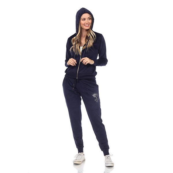 Women s White Mark Rhinestone 2 Piece Velour Tracksuit Set