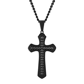 Steel Nation Men's Black Stainless Steel Crystal Cross Pendant Necklace
