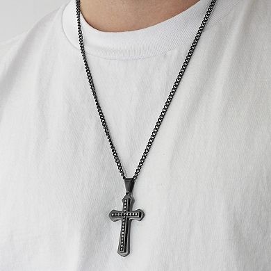 Steel Nation Men's Black Stainless Steel Crystal Cross Pendant Necklace