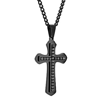 Steel Nation Men's Black Stainless Steel Crystal Cross Pendant Necklace