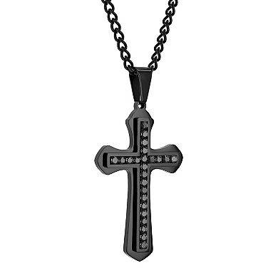 Steel Nation Men's Black Stainless Steel Crystal Cross Pendant Necklace