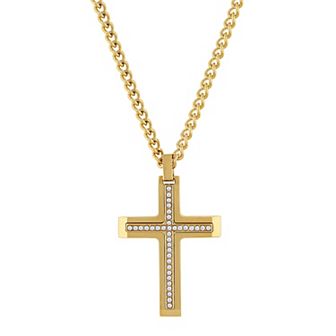 Steel Nation Men's Gold Tone Stainless Steel Crystal Cross Pendant Necklace