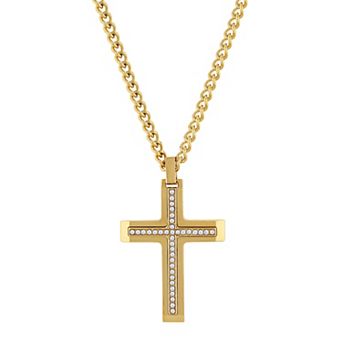 Steel Nation Men's Gold Tone Stainless Steel Crystal Cross Pendant Necklace