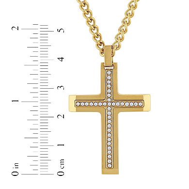 Steel Nation Men's Gold Tone Stainless Steel Crystal Cross Pendant Necklace