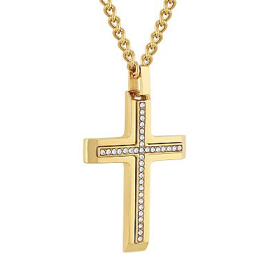 Steel Nation Men's Gold Tone Stainless Steel Crystal Cross Pendant Necklace