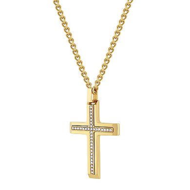 Steel Nation Men's Gold Tone Stainless Steel Crystal Cross Pendant Necklace