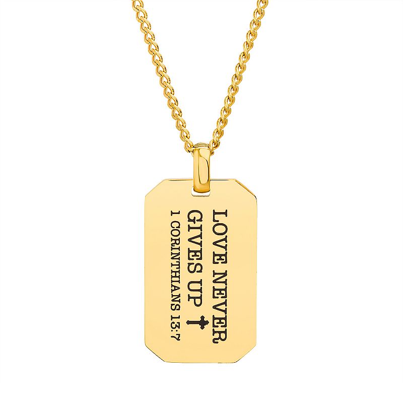 1913 Mens Gold Ion-Plated Stainless Steel Love Never Gives Up Dog Tag