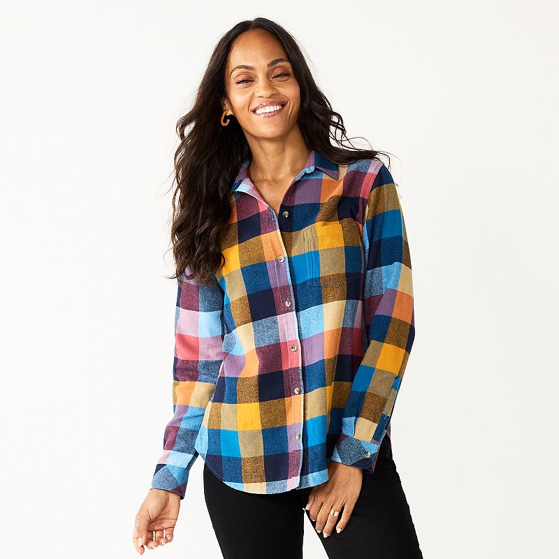 Women's Sonoma Goods For Life Everyday Flannel Shirt, Size: Medium, Dark Green