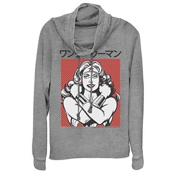 Juniors' DC Comics Wonder Woman Dotted Kanji Portrait Cowlneck Graphic Lightweight Long Sleeve