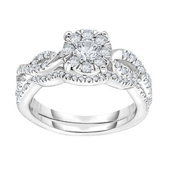 14k White Gold 5/8 Carat T.W. Diamond Round Cluster Engagement Ring Set