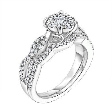 14k White Gold 5/8 Carat T.W. Diamond Round Cluster Engagement Ring Set