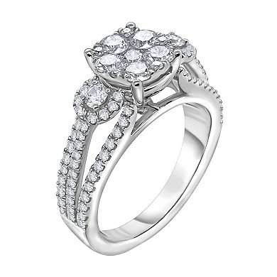 14k White Gold 11/4 Carat T.W. Diamond Round Cluster Engagement Ring