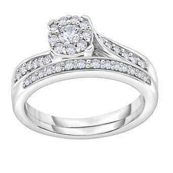14k White Gold 3/8 Carat T.W. Diamond Cluster Bypass Engagement Ring Set