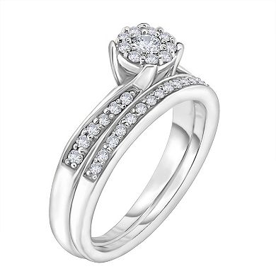 14k White Gold 3/8 Carat T.W. Diamond Cluster Bypass Engagement Ring Set