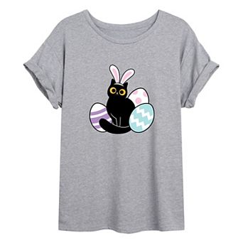 Juniors' Cat With Easter Eggs Oversized Tee