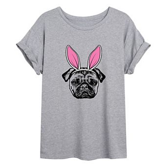 Juniors' Bunny Ears On Pug Oversized Tee