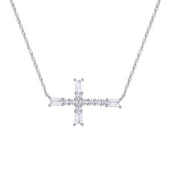 Eco Silver Luxe Sterling Silver Baguette & Round-Cut Cubic Zirconia Sideways Cross Necklace