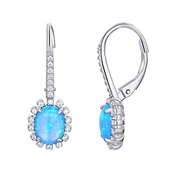 Eco Silver Luxe Sterling Silver Simulated Opal Cubic Zirconia Oval Halo Leverback Earrings