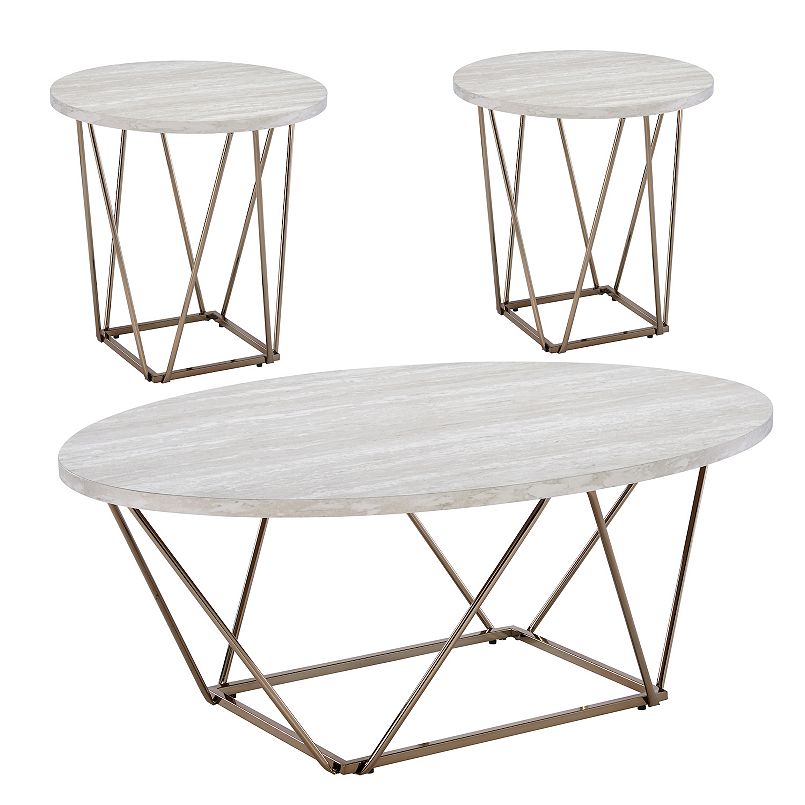 Rowyn 3-piece occasional table set with round marble-look tops and gold metal frames