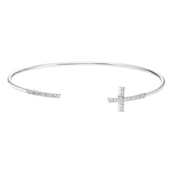 A&M Sterling Silver Cubic Zirconia Cross Open Cuff Bracelet
