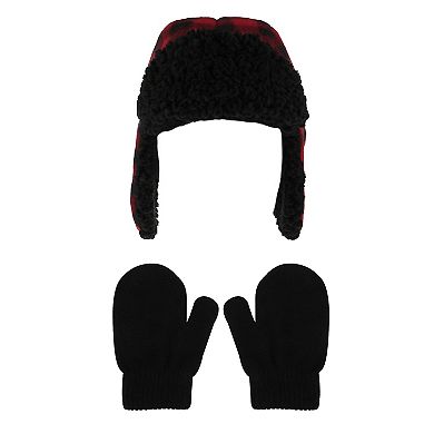 Toddler Capelli Plaid Printed Fleece Trapper Hat & Mittens Set