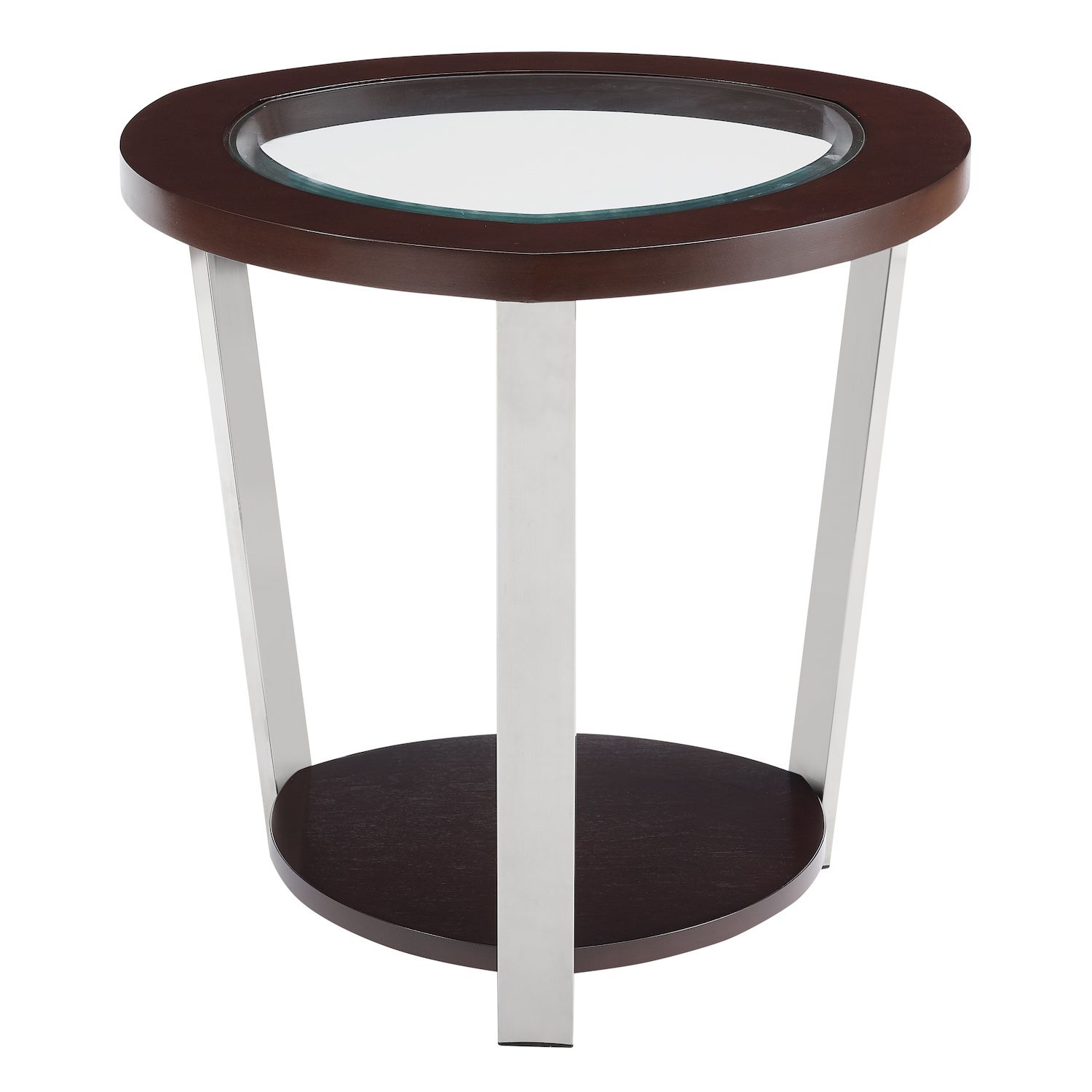 Round dark wood end table with glass inset top and white metal legs