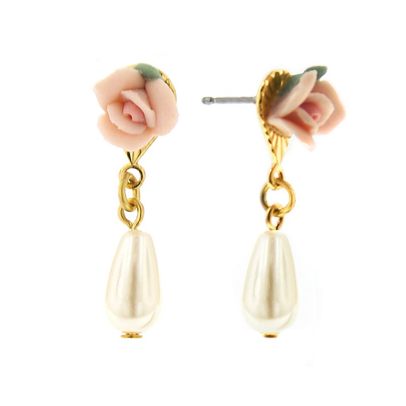 1928 Gold Tone Floral Simulated Pearl Drop Earrings, Womens, Pink