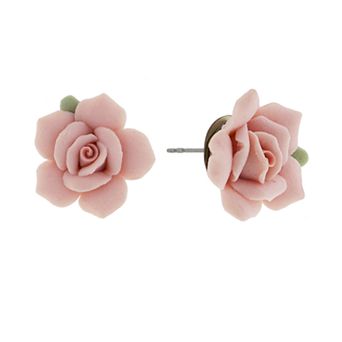 1928 Pink Porcelain Rose Stud Earrings