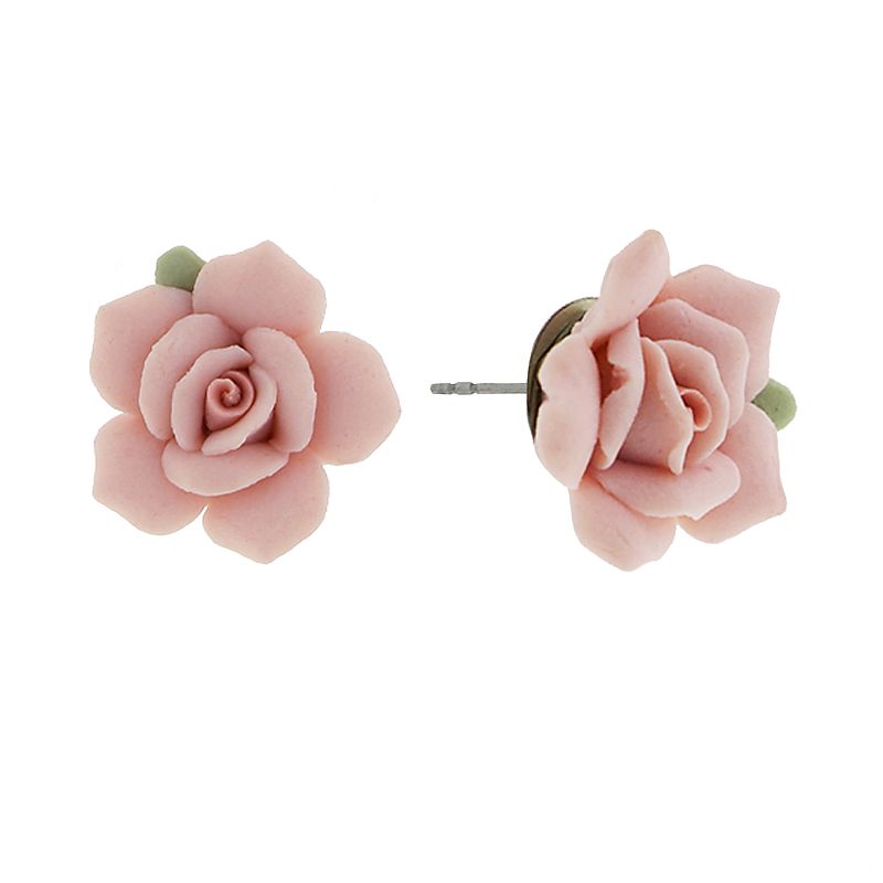 1928 Pink Porcelain Rose Stud Earrings, Womens