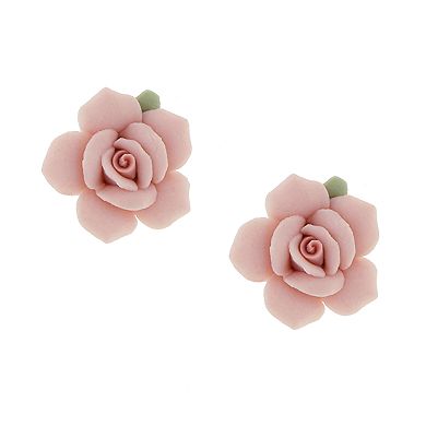 1928 Pink Porcelain Rose Stud Earrings